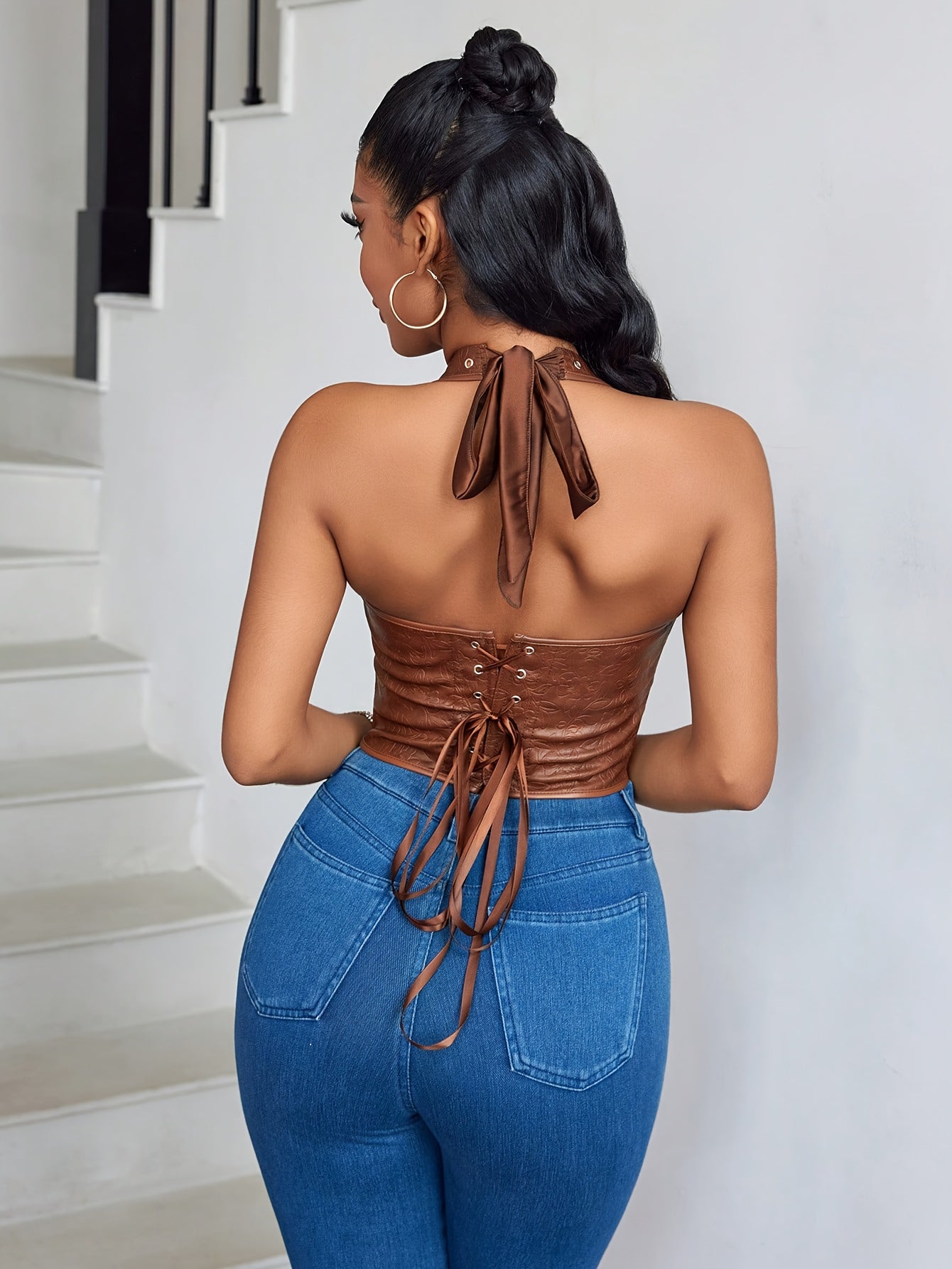 American Retro Maillard Brown Custom Dark Flower Embossed Lace Neck Unique Slim Sexy Blouse